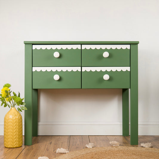 Whimsical Green and White Scalloped Trim Chest of Drawers, Console Table - Hand-Painted Statement Furniture
